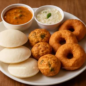 Idli ( 3pcs) + Dal Vada (3 Pcs) + Medu Vada (3 Pcs) Served With Sambar, Coconut Chutney