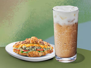 Tall Caramel Frappuccino with Banana Foam with Tofu Spinach Croissant Sandwich