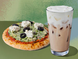 Tall Iced Vanilla Latte with Vanilla Protein Foam with Pesto Veggie Ragi Flatbread
