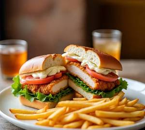 Chicken cheese burger with peri peri fries