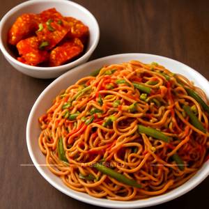 Veg Chilli Garlic Noodles With Chilli Paneer