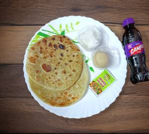 Sattu paratha (2 pieces) with dahi, pickle, sweet & campa.