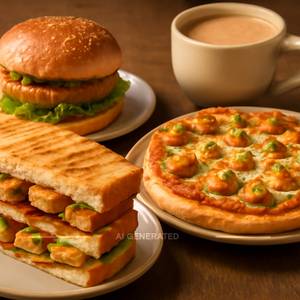 Paneer Sandwich ( 1 Piece) With Paneer Pizza, 1 Paneer Burger, 1 Elaichi Chai