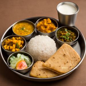 Special veg thali ( rice,dal,fry, vegetables, 1 paneer item , gulab jamun , raita/chatni)