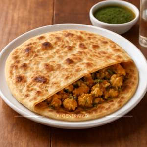 1pc chicken dipped in curry alongwith 2 pieces of laccha paratha 
