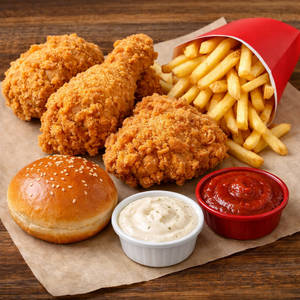 4 Big Pcs Broasted +1 Bun + French Fries + Garlic Dip + Tomato Ketchup
