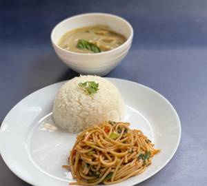Thai curry meal with chilli garlic basil noodles