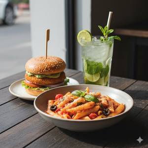 Red Sauce Pasta with Aloo Tikki Burger and Mint Mojito [Non Alcoholic]