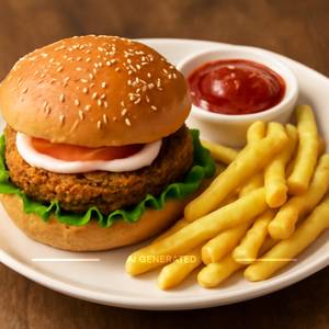 Veg Burger With French Fries