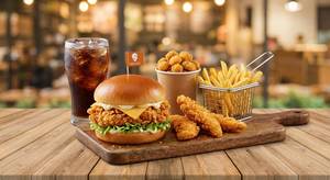 Crispy Burger 4 Chicken Strips Popcorcon 1 French Fries 1 Cold Drink 1 Tr