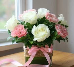 5 White Rose 5 Pink Carnations With 4/4 Glass Vase Arrangement