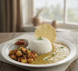 Chawal + Daal + Bhunjiya + achar papad