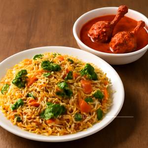 Veg Biryani and Chicken Lollipop Curry                                                                    