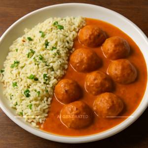 Lemon Cilantro Rice With Soya Balls In A Roasted Bell Pepper Sauce