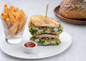 Cilantro Grilled Chicken Sourdough Press With Fried Onions & Mild Cheddar