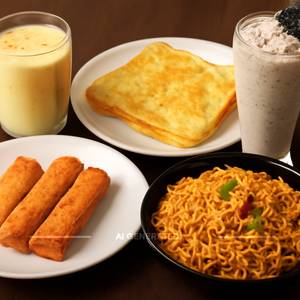 Chilled Badam Milk + Double Egg Bread Omelette + Chicken Fingers + Spicy Egg Maggi + Oreo Shake