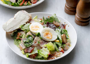 Hearty Cob Salad With Grilled Chicken Roast Baby Potatoes Crispy Bacon & Soft Boiled Egg