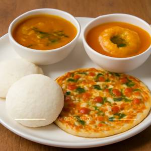 Idli sambar + Uttappa + Rassa vada                                                                                 