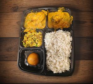 Fish Thali (4 roti, 2 pcs fish curry, gulab jamun, papad, rice, salad, anda burji)