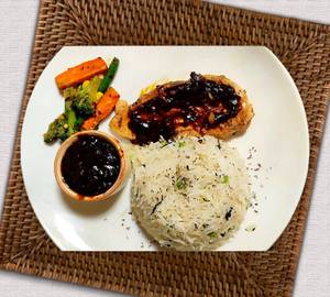 Grilled Chicken Steak In Barbeque Sauce With Herbed Rice And Veggies