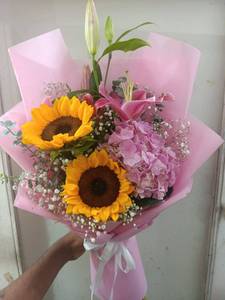 Pink Hydrangea, 1 Pink Lily, 2Sunflower