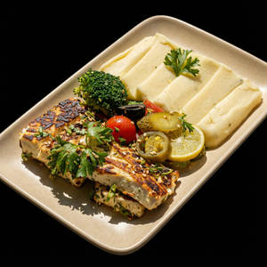 {veg} Grilled Paneer With Potato Mash & Sauteed Veggies