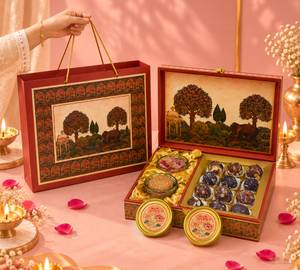 Hathi Haveli Diwali Box - 12 Dates Laddoos, Oats Cookies Jar, Dry Fruits & Berries Jar & Gift Bag