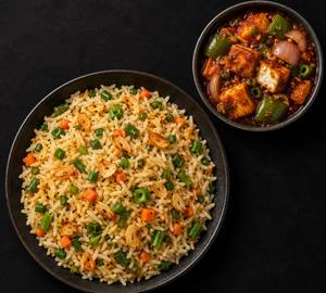 Burnt garlic rice with chilli paneer