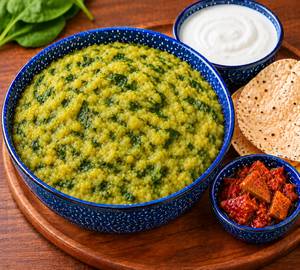 Jain palak dal khichdi with  dahi and papad