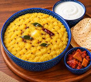 Desi ghee jain dal khichdi with dahi and papad