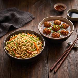 Hakka Noodles With Veg Manchurian Gravy