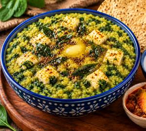 Desi ghee palak paneer khichadi with dahi and papad