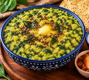 Desi ghee palak khichdi with dahi and papad