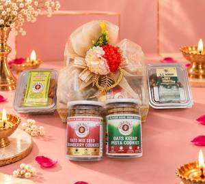 Sun Woven Mini Diwali Net Basket - 2 Oats Cookies, Dry Fruit Dates Laddoos & Masala Crackers
