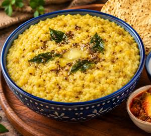 Dal khichdi with dahi and papad