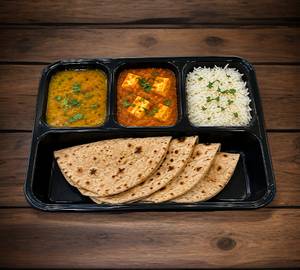 Paneer Sabji , Dal Fry, Chawal, 4 Tawa Butter Roti, salad