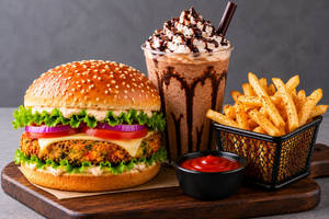 Quick Bite Combo Veg Burger + Cold Coffee + Fries (small)