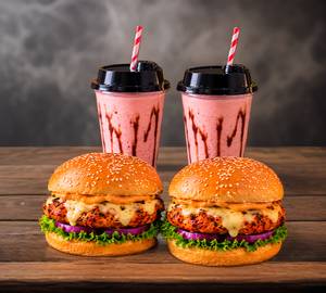 Tandoori Cheese Burger (x2) + Strawberry Shake (x2)