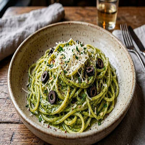 Basil Pesto Exotic Pasta With Parmesan & Olives