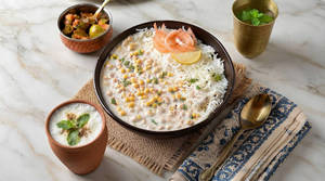 Plain Steamed Rice Boondi Raita Bowl + Tadka Chach [Serves 1]