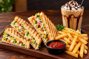 Veg sandwich with french fries and beverage