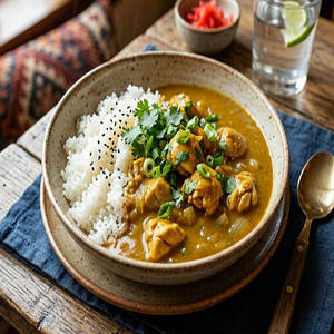 Japanese Golden Chicken Curry With Steamed Rice