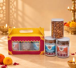 Nutty Trio Diwali Gift Box With 2 Jars Of Oats Cookies And Biscuits And 1 Jar Of Premium Dry Fruits