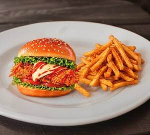 Crispy Chicken Cheese Burger + Peri Peri Fries
