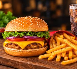Burger with fries and cold beverage