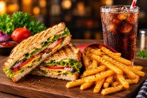 Sandwich with fries and cold beverage