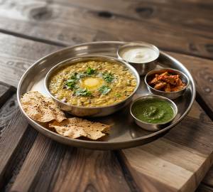 Kali udad daal khichdi with desi ghee tomato chutney achar 2 papad curd 100 gm