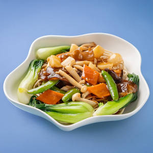 Pan Fried Noodles With Lo Han Jai In Mushroom Gravy