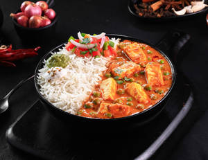 Punjabi Style Matar Paneer Steamed Rice Bowl.