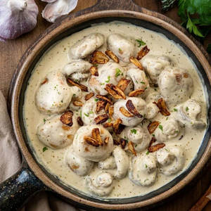 Cheesy & Creamy Garlic Mushrooms With Bread Croutons